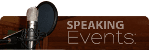 Events graphic with a microphone and brown background that says speaking event